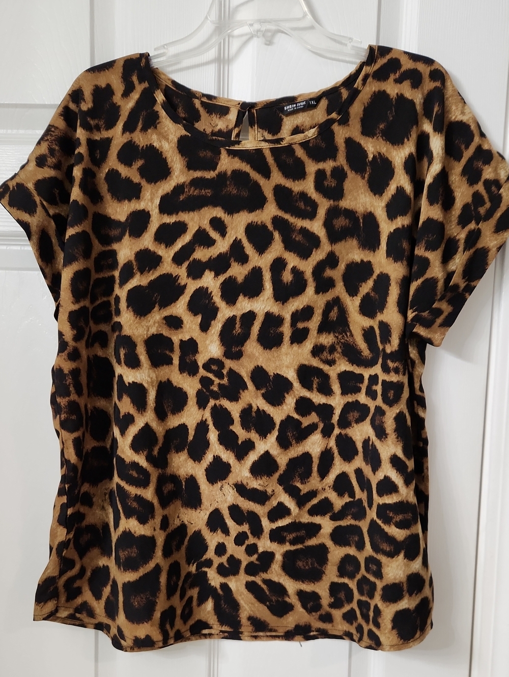 SHEIN Leopard Print Short Sleeve Top - Black & Tan